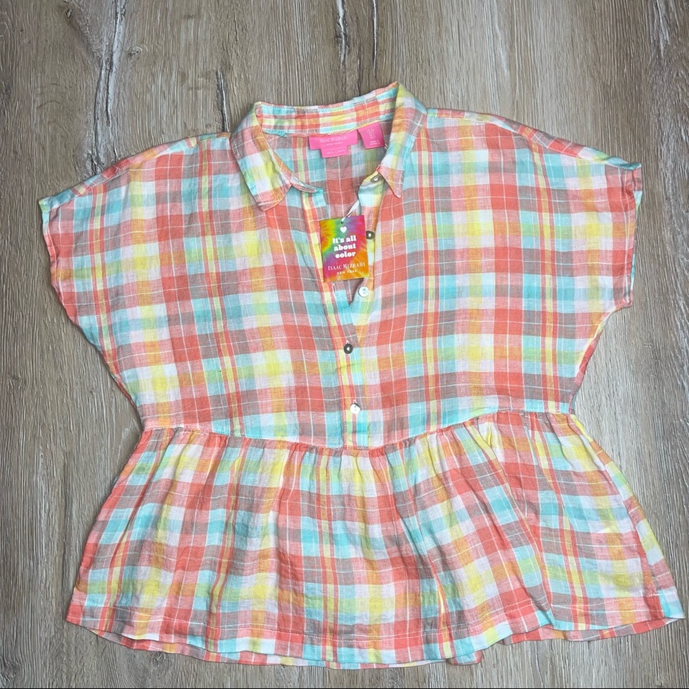 Isaac Mizrahi Women's Small Plaid 100% Linen Blouse Top Shirt Beach Bohemian Y2K